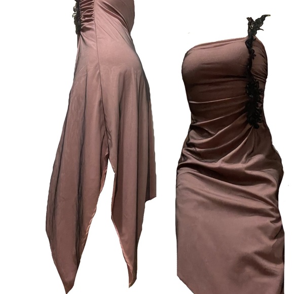 Pink and black one-shoulder asymmetrical formal dress with slit - Picture 15 of 15